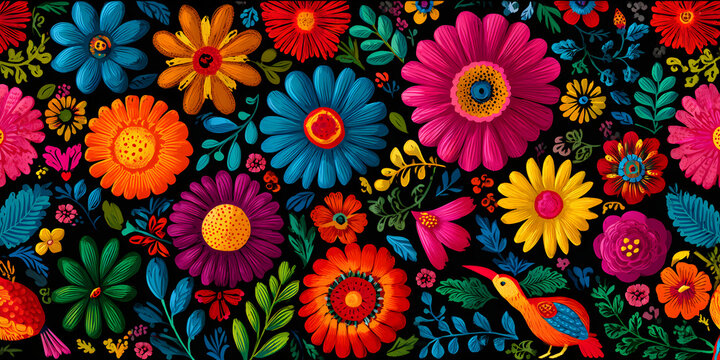 Colorful Mexican floral pattern on a black background, 