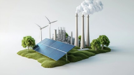 A photorealistic image showing several elements of the Green Economy & Just Transition showing sky and industry and solar and wind energy, on a white background