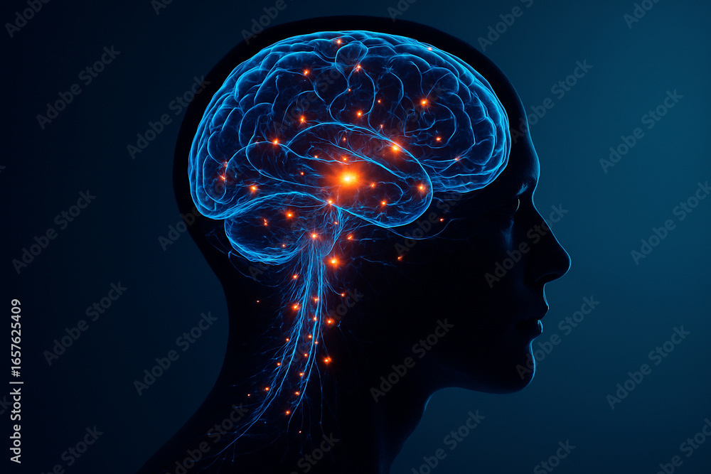 Poster ai generated conceptual digital art showing a human brain with glowing neural pathways and electric 