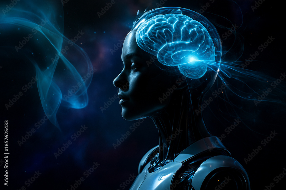 Poster ai generated ultra realistic digital art of humanoid robot with transparent glowing brain connected 