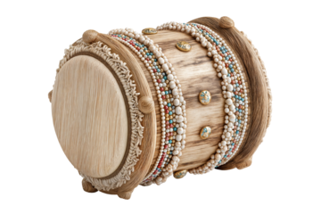 Elegant handcrafted drum with intricate beadwork and natural wood finish for music enthusiasts on transparent background
