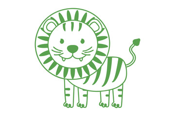 Green outlined cartoon lion shows its tiny teeth while posing on a white background