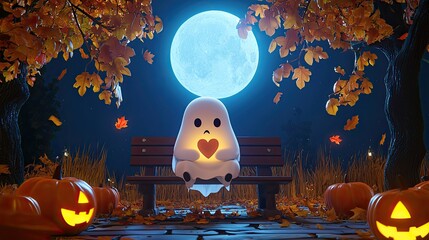 A sad cartoon ghost sitting on a bench under a full moon, looking at a glowing smartphone with a broken heart emoji, surrounded by pumpkins and autumn leaves, cozy Halloween scene