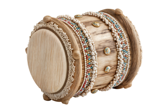Elegant handcrafted drum with intricate beadwork and natural wood finish for music enthusiasts on transparent background