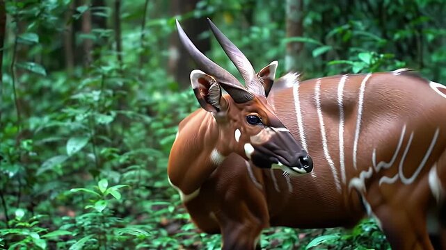 Close Up Portrait of Bongo Antelope in a Lush Forest Habitat Detailed Horns and Stripes