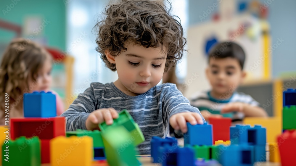Poster children engaged in creative play with colorful building blocks in a lively classroom environment