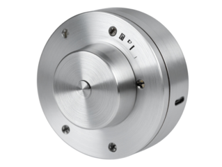  Round Silver Brushed Metal Control Button with Glossy Center, Front View, Transparent Background