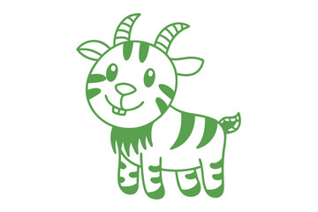 Smiling green cartoon goat with stripes, beard, and small horns stands cheerfully