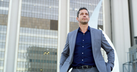 Thinking, business and man for commute in city for real estate, ideas and vision of urban...