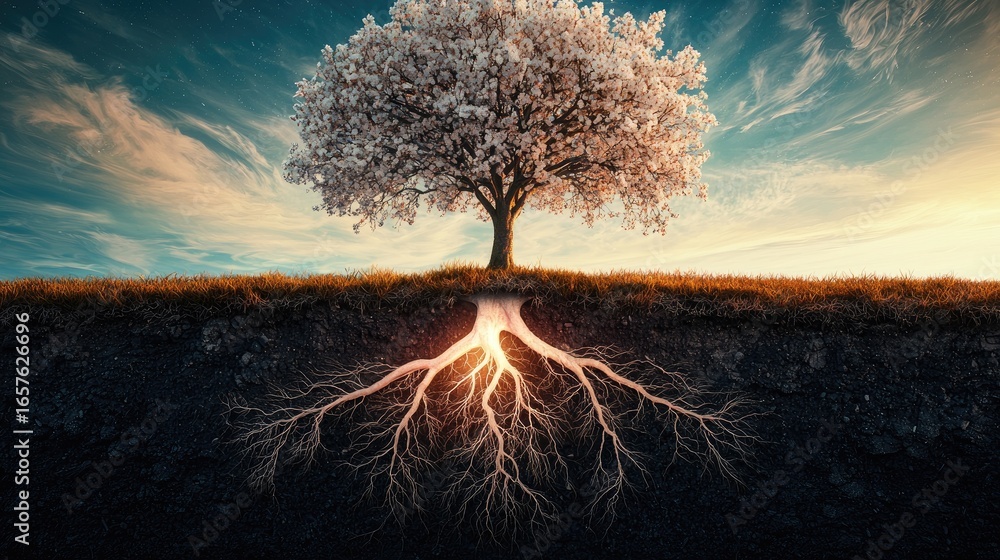 Canvas Prints a tree in full blossom above ground, surrounded by soft natural light. beneath the ground, visible r
