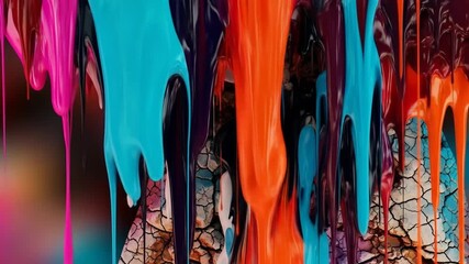 Dripping paint in vibrant colors obscures cracked earth texture - Powered by Adobe