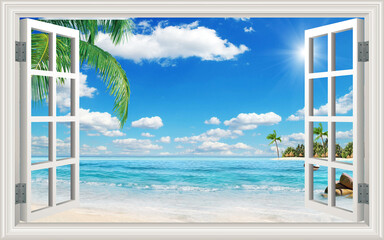 tropical beach with palm trees and sea view from window