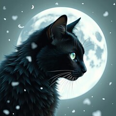 Obraz premium Halloween horror theme, Double exposure, Enigmatic Black Cat Staring at Full Moon in a Dreamy Night Scene with Falling Snow