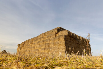 rectangular stacks of straw stacked together for storage ,stacked one on one stack of wheat straw...