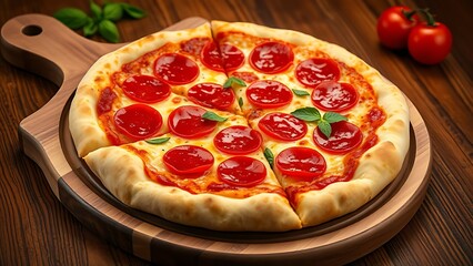Pepperoni pizza displayed on a wooden board, capturing its delicious and inviting appearance.