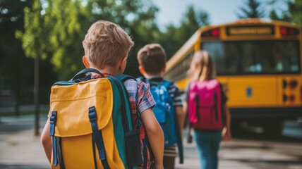 Young children walk towards school bus on bright morning in a neighborhood park