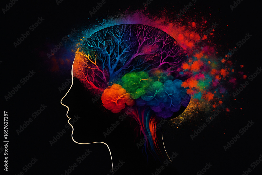 Poster ai generated surreal digital art of a human head silhouette with a vibrant brain shaped like branche