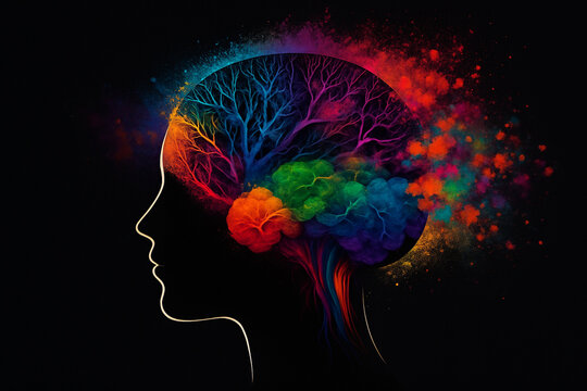 AI generated surreal digital art of a human head silhouette with a vibrant brain shaped like branches exploding into bright particles symbolizing creativity imagination and inspiration