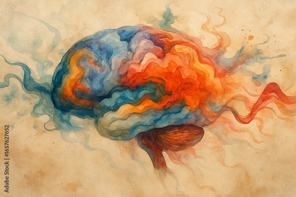Poster ai generated digital watercolor art of human brain with colorful abstract flow symbolizing imaginati