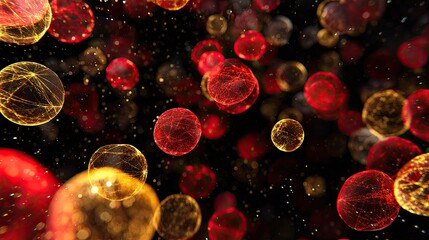 Floating spheres of gold and red, interconnected by a network design.