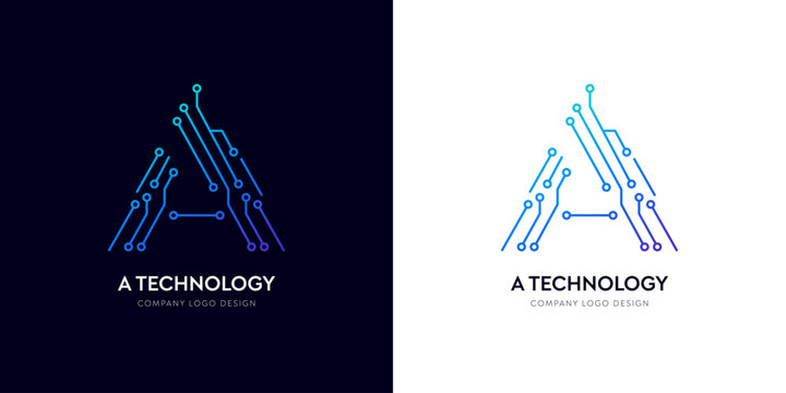 A letter network logo design for artificial intelligence tech innovation. Futuristic typographic alphabet logo, AI technology corporate brand circuit vector. Techno gradient electric cyber text line.