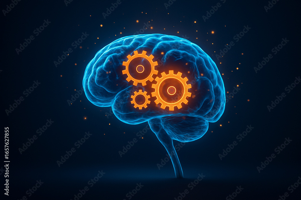 Poster ai generated conceptual illustration of a glowing human brain with rotating gears symbolizing intell