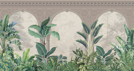Naklejka na ściany i meble Mughal Garden at Night with Peacocks and Temples, Mughal Garden Illustration, Mughal Garden Wall Murals for Print, Indian wallpaper.