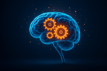 AI generated conceptual illustration of a glowing human brain with rotating gears symbolizing intelligence creativity logic and digital innovation