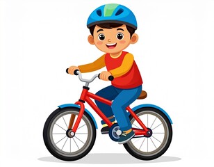 Fototapeta premium Cute cartoon illustration of a happy little boy riding his red bicycle while wearing a safety helmet