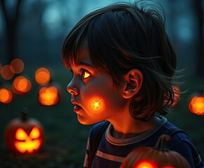 Halloween horror theme, Double exposure, Young Child Gazing at Glowing Jack-o'-Lanterns in Spooky Halloween Atmosphere