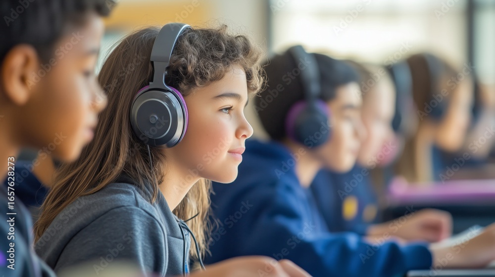 Poster students engaging in an interactive learning session with headphones at a technology-focused classro