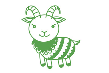 Illustrated outline goat with stripes and curvy horns stands against a white background