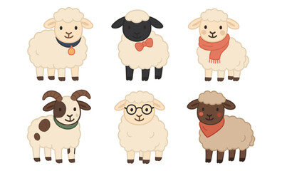 Cute cartoon sheep characters with accessories in flat style