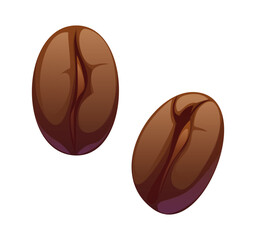 Cartoon roasted two coffee beans with dark brown color, smooth surface, central crease and smooth texture. Isolated vector food element for breakfast or energy themes. Ingredient for drink, cafe menus