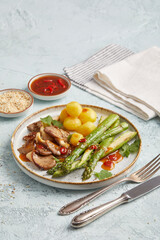 Asparagus with oyster mushrooms and potatoes