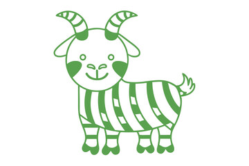 Green goat illustration showing a cute striped body and curved horns on white