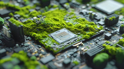 Green technology concept, lush moss growing over futuristic computer motherboard and CPU.