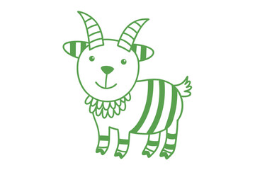 Whimsical goat outlined in green with striped horns and body stands on white