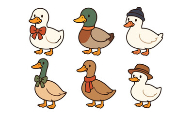 Charming cartoon ducks with accessories: bows, hats, and scarves