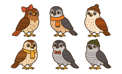 Fototapeta premium Cute owls in autumn attire with accessories: flat cartoon style