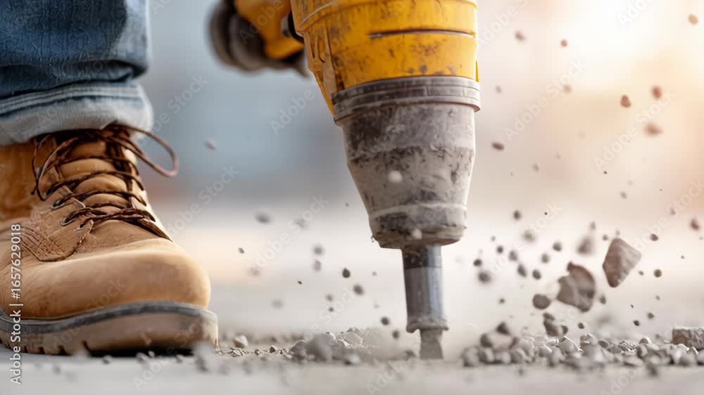 Poster construction site worker using power tool for building business project with protective boot and dus