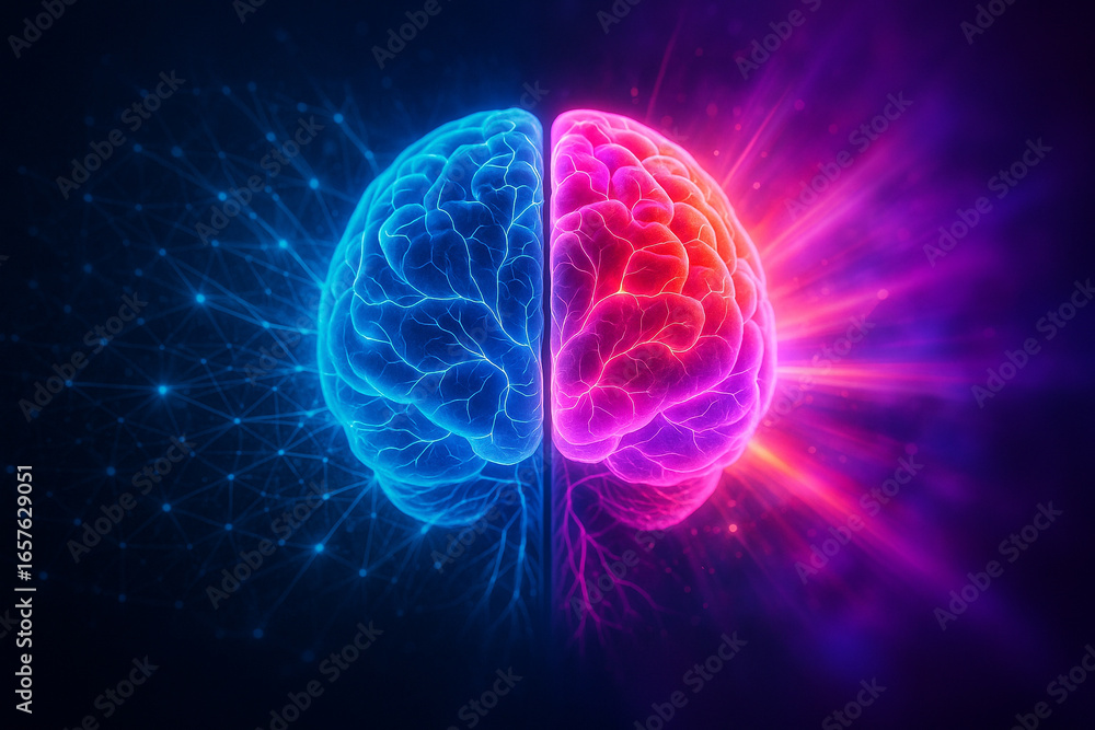 Aufkleber ai generated conceptual digital art of a human brain divided into left and right hemispheres with gl