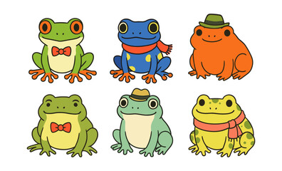 Obraz premium Charming cartoon frogs with bow ties and hats in various colors and styles