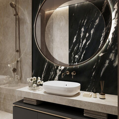 Visualization of a luxurious brigh tbathroom with a shower, walls lined with Kuroca marble and...