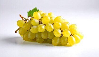 A bunch of vibrant yellow grapes, displaying a cluster of plump, glossy berries, rests on a plain white background.