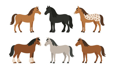 Obraz premium Colorful collection of flat style horses with diverse breeds and patterns