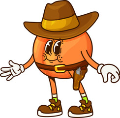 Cartoon groovy orange fruit cowboy, sheriff, ranger and bandit character. Isolated vector citrus y2k personage in western hat and belt with gun. Funny healthy food, vitamin product with hippie vibe
