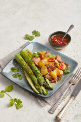 Asparagus with oyster mushrooms and potatoes