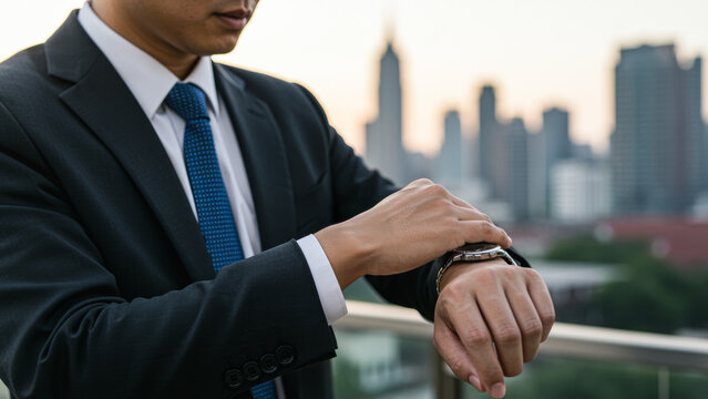 Businessman checking time on his watch in urban setting