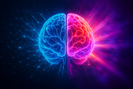 AI generated conceptual digital art of a human brain divided into left and right hemispheres with glowing neural connections symbolizing logic and creativity in balance